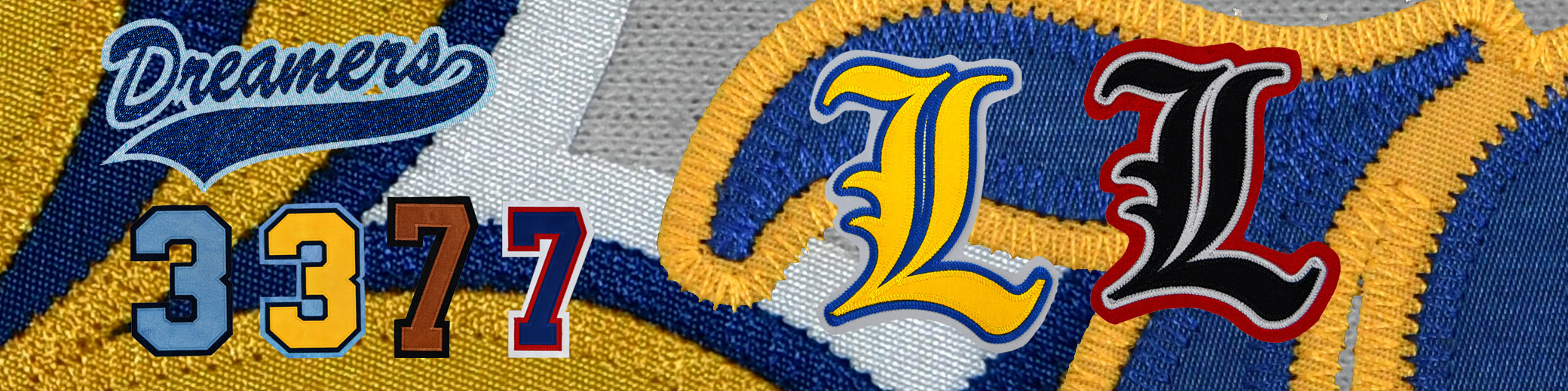Tackle Twill examples of letters, numbers and custom graphics for use on uniforms.